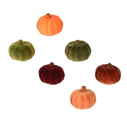 Artikel Mini græskardekoration flocket sprededekoration 6 farver Ø4cm 24 stk