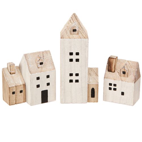 Mini julelandsby trædekoration hvid naturfarvet H13/7cm 6 stk