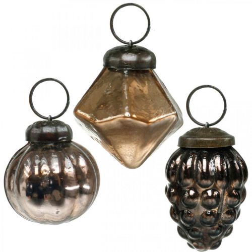 Floristik24 Mini julekugler, diamant / kugle / kegle, glas vedhæng mix antik look Ø3–3,5 cm H4,5–5,5 cm 9 stk.