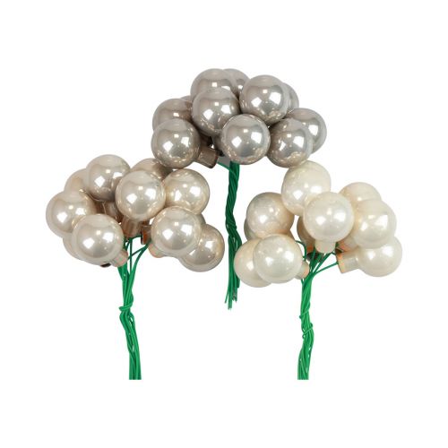 Mini julekugler på trådglas creme grå Ø2cm 140 stk