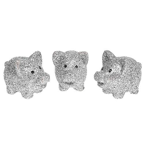 Floristik24 Mini lykkegrise med glimmer sølv 3cm 24stk