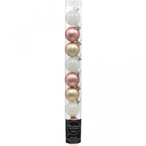 Artikel Mini julekugler creme, pink, hvid ægte glas Ø3cm 9stk