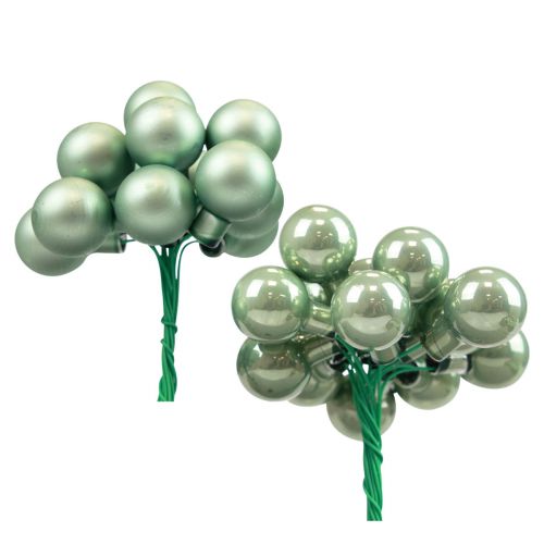 Mini julekugler på trådglas grøn Ø2,5cm 140p