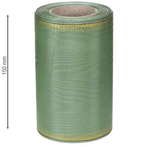 Artikel Moiré kransbånd salviegrøn med guldkant, 150 mm x 25 m, dekorativt bånd til blomster og kranse