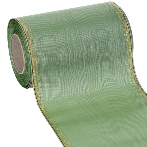 Floristik24 Moiré kransbånd salviegrøn med guldkant, 150 mm x 25 m, dekorativt bånd til blomster og kranse