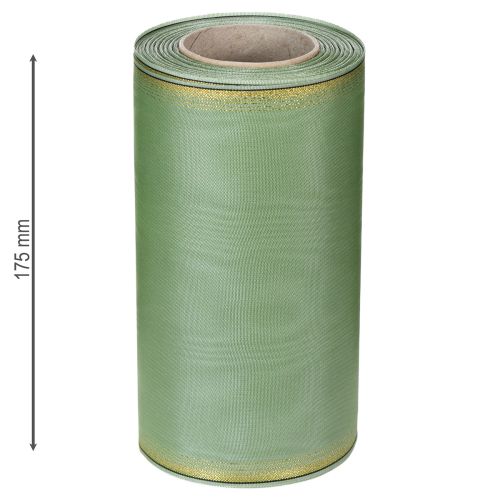 Artikel Moiré kransbånd salviegrøn med guldkant - 175 mm x 25 m - dekorativt bånd til blomster og fester