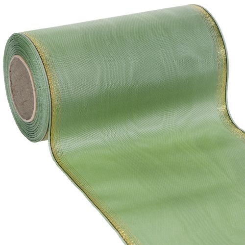 Floristik24 Moiré kransbånd salviegrøn med guldkant - 175 mm x 25 m - dekorativt bånd til blomster og fester