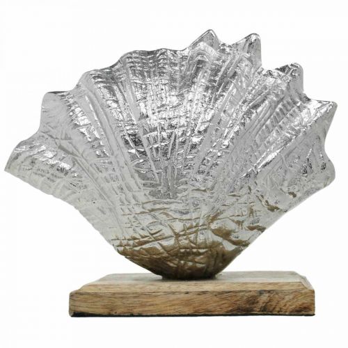 Artikel Skal til opsætning, maritim metaldekoration med træfod sølv, natur 16 × 19 cm