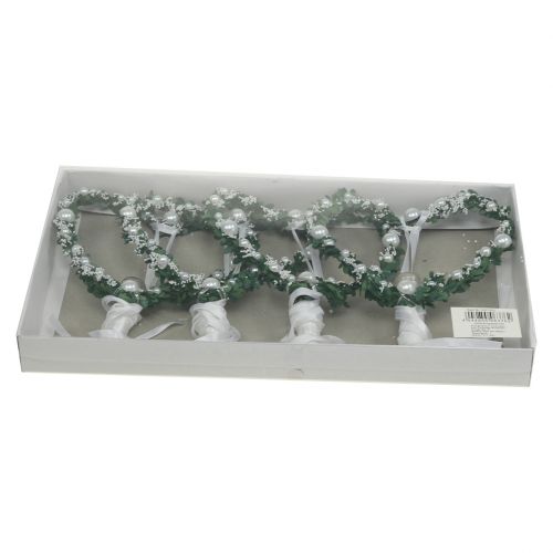 Floristik24 Myrtle hjerte med bånd, perler, rør hvid 4stk