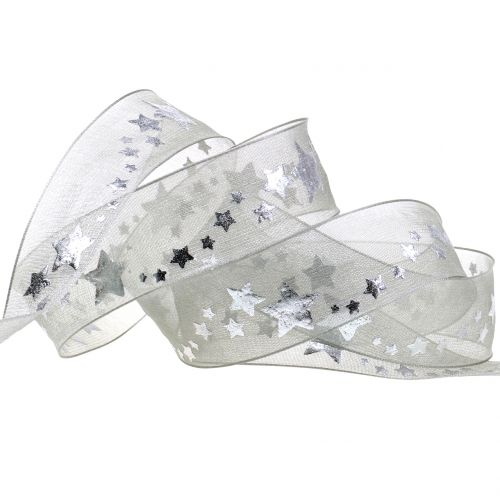 Floristik24 Dekorationsbånd organza med stjernemotiv grå 25mm 20m