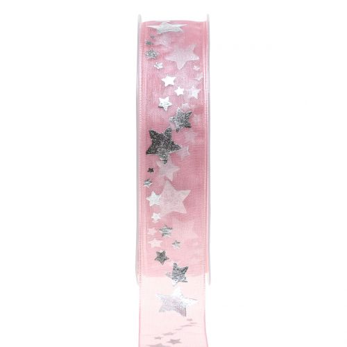 Floristik24 Dekorativt båndorganza med stjernemotiv lyserød 25mm 20m