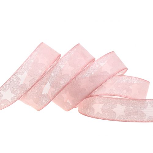 Floristik24 Organza bånd med stjerne motiv lyserød 25mm 15m