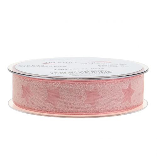 Floristik24 Organza bånd med stjerne motiv lyserød 25mm 15m