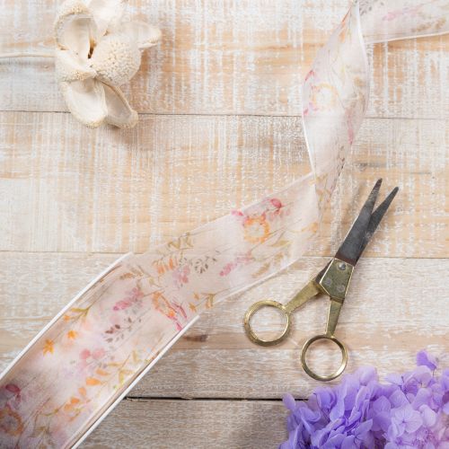 Artikel Organzabånd, chiffonbånd, blomster, orange/pink, 40 mm, 15 m