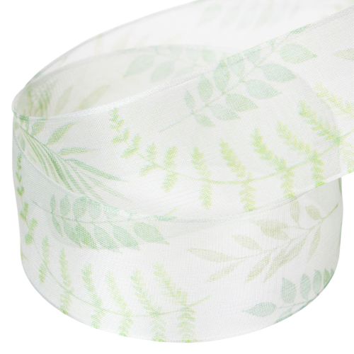 Artikel Organzabånd, chiffonbånd, grønt med bladranker, 40 mm bredt, 15 m langt