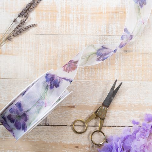 Artikel Organzabånd, chiffonbånd, papegøjetulipaner, lilla, 40 mm, 18 m