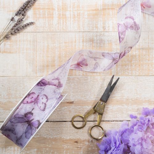 Artikel Organzabånd, chiffonbånd, sommerfugle, lilla, 40 mm, 18 m