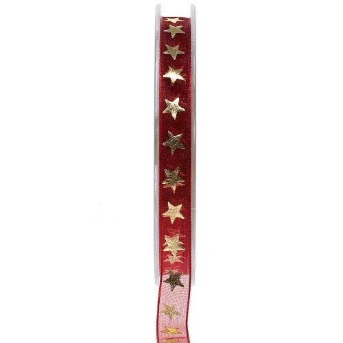 Floristik24 Organza bånd mørkerødt med guldstjerner 10mm 20m
