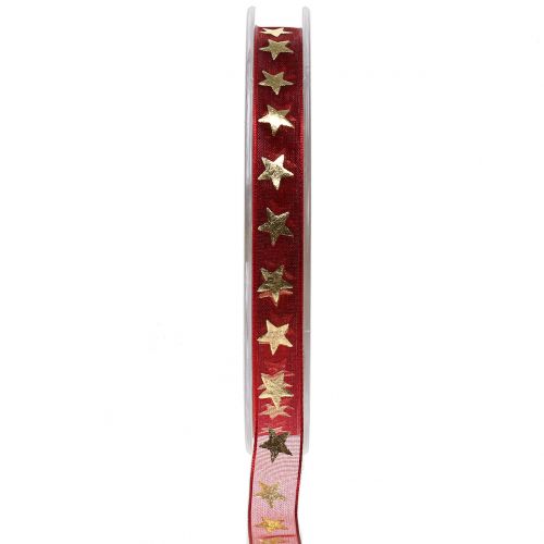 Organza bånd mørkerød med guldstjerner 10mm 20m