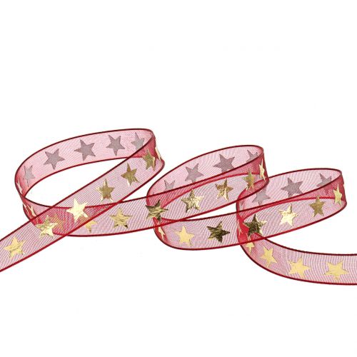 Artikel Organza bånd mørkerød med guldstjerner 10mm 20m