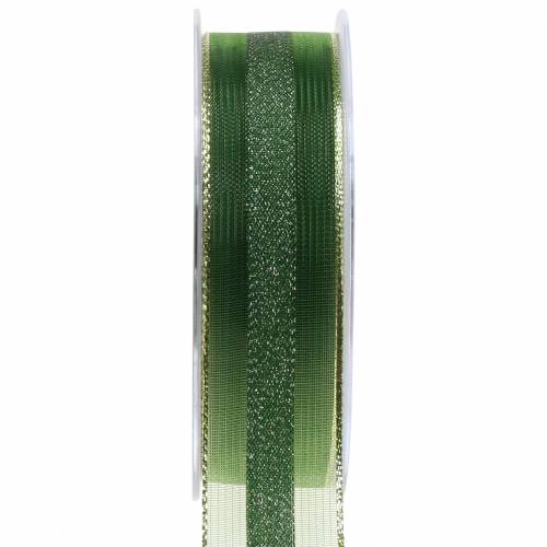 Floristik24 Organzabånd med striber mønster grøn 25mm 20m