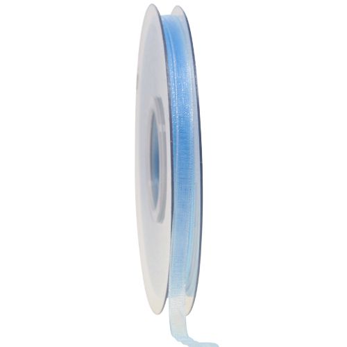 Organza bånd gavebånd lyseblåt bånd blå kant 6mm 50m