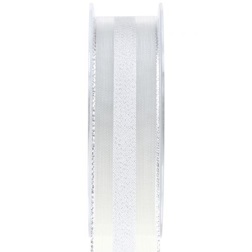 Floristik24 Organza bånd med stribemønster hvid 25mm 20m