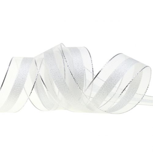 Floristik24 Organza bånd med stribemønster hvid 25mm 20m