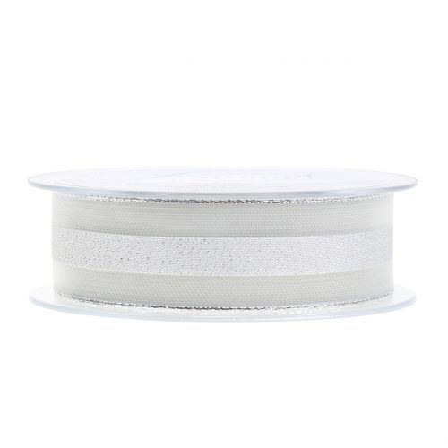 Floristik24 Organza bånd med stribemønster hvid 25mm 20m