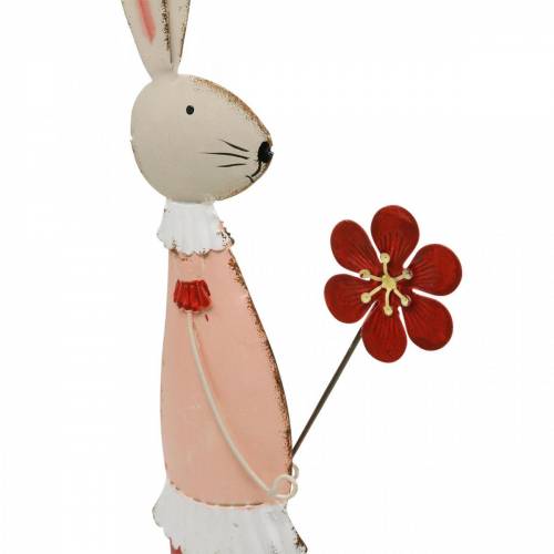 Artikel Påskedekoration lavet af metal, fjeder, påskehare med blomst, dekorativ kanin 44cm