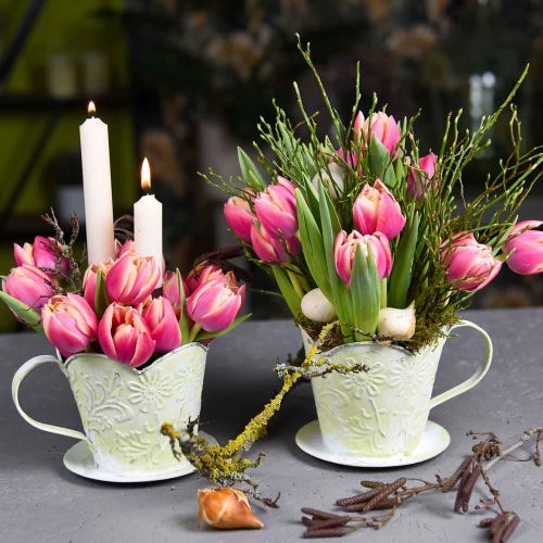 Artikel Plantekasse, dekorativ kaffefilterholder, metalkop til plantning, blomsterdekoration grøn, hvid shabby chic H11cm Ø11cm