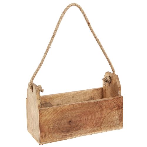 Artikel Plantekasse i træ med hank, firkantet, naturjute 27x12x17cm