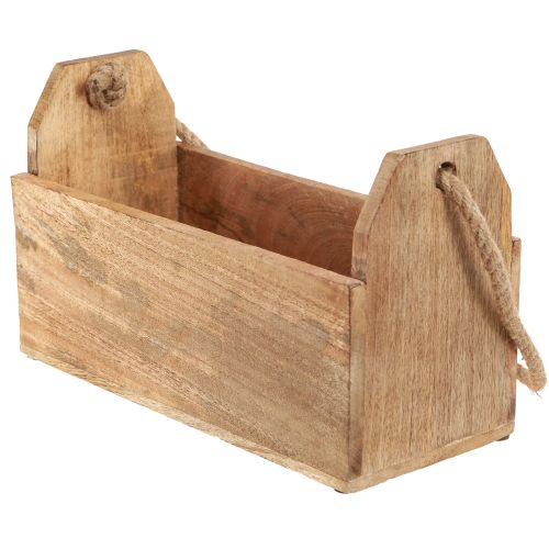 Artikel Plantekasse i træ med hank, firkantet, naturjute 27x12x17cm
