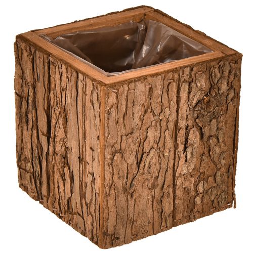 Firkantet træpotte med fyrrebark og potte 12×12 cm