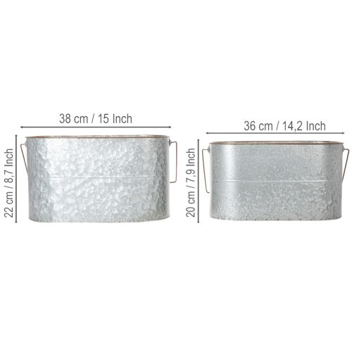 Artikel Urtepotte med hank, metalpotte, plantekasse, sølv, brun, H22/20cm L42/40cm, sæt med 2