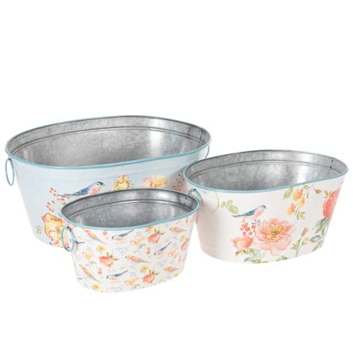 Planteskåle, forår, plantekasser til blomster/fugle, oval metalbeholder L39/31/24,5 cm, sæt med 3 købe | Floristik24.dk