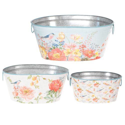 Planteskåle, forår, plantekasser til blomster/fugle, oval metalbeholder L39/31/24,5 cm, sæt med 3 | Floristik24.dk