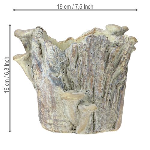 Artikel Plantepotte af støbt sten med svampe, træstub, 16 cm