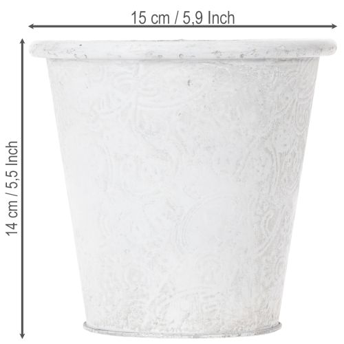 Artikel Urtepotte med ornamenter, cachepot, metalbeholder, hvid, Ø15,5 cm, H14,5 cm