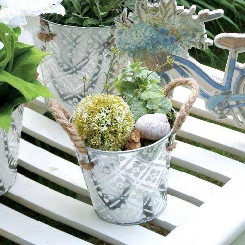 Floristik24 Plantekrukke med håndtag, dekorativ skål med blomstermønster, metalbeholder Ø14,5cm