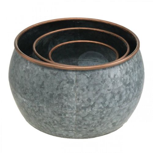 Artikel Dekorativ potte, planteskål, metalkar sølv, kobberfarvet antik look H22 / 20,5 / 16,5 cm Ø39 / 30,5 / 25 cm sæt med 3