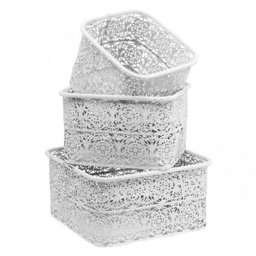 Artikel Metalskåle blondemønster, firkantet dekorativt kar, shabby chic, hvid 27/23/19 cm H13,5 cm sæt med 3