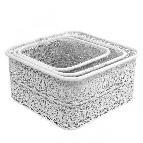 Artikel Metalskåle blondemønster, firkantet dekorativt kar, shabby chic, hvid 27/23/19 cm H13,5 cm sæt med 3