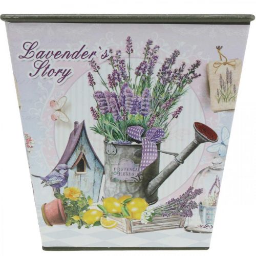 Artikel Plantekrukke lavendel motiv, firkantet dekorativ potte, plast cachepot H13cm B13,5cm