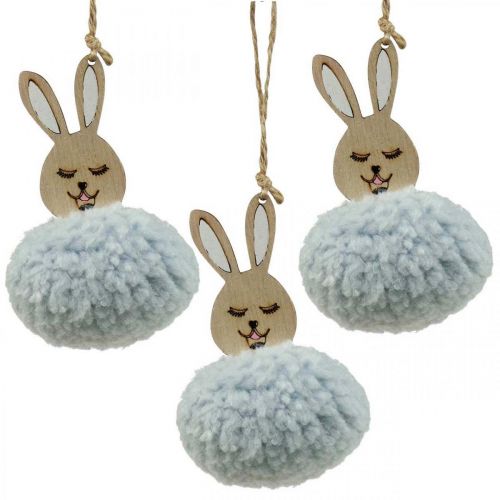 Puschelbunny blå deco vedhæng træ plys ca 7×7×10cm 6stk