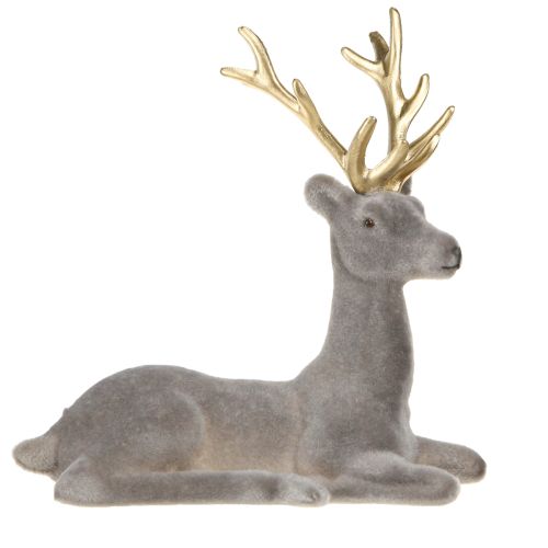 Siddende hjortedekoration flokket gråguld 15×6×15,5 cm