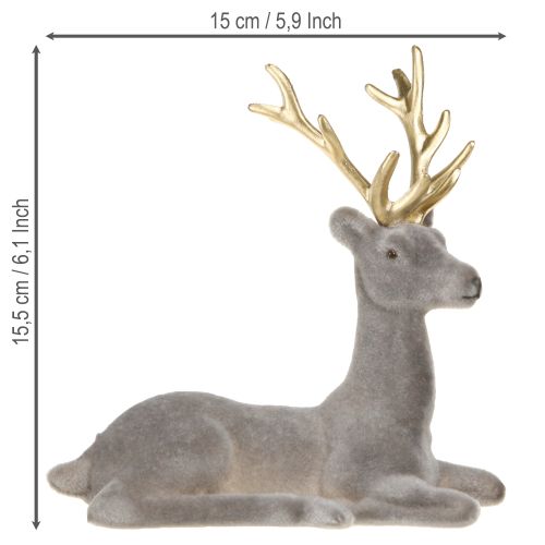 Artikel Siddende hjortedekoration flokket gråguld 15×6×15,5 cm