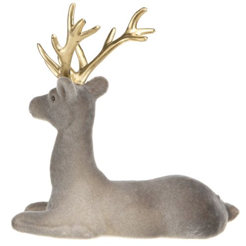 Artikel Siddende hjortedekoration flokket gråguld 15×6×15,5 cm