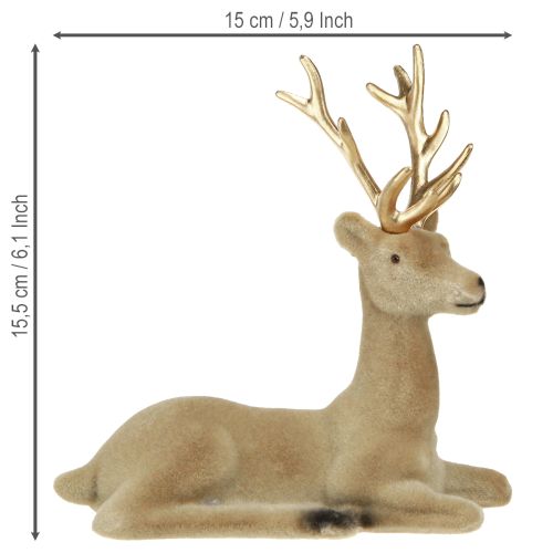 Artikel Siddende hjortedekoration floket lysebrun 15×6×15,5 cm