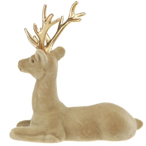 Artikel Siddende hjortedekoration floket lysebrun 15×6×15,5 cm